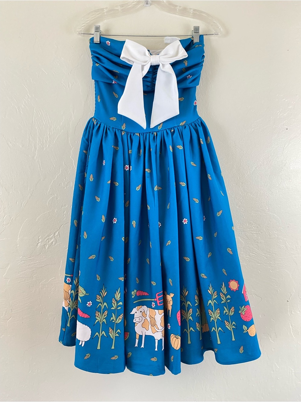 Unique Vintage Size Small Teal Blue Fall Farm Graphic Print Full Midi Dress - Picture 1 of 6